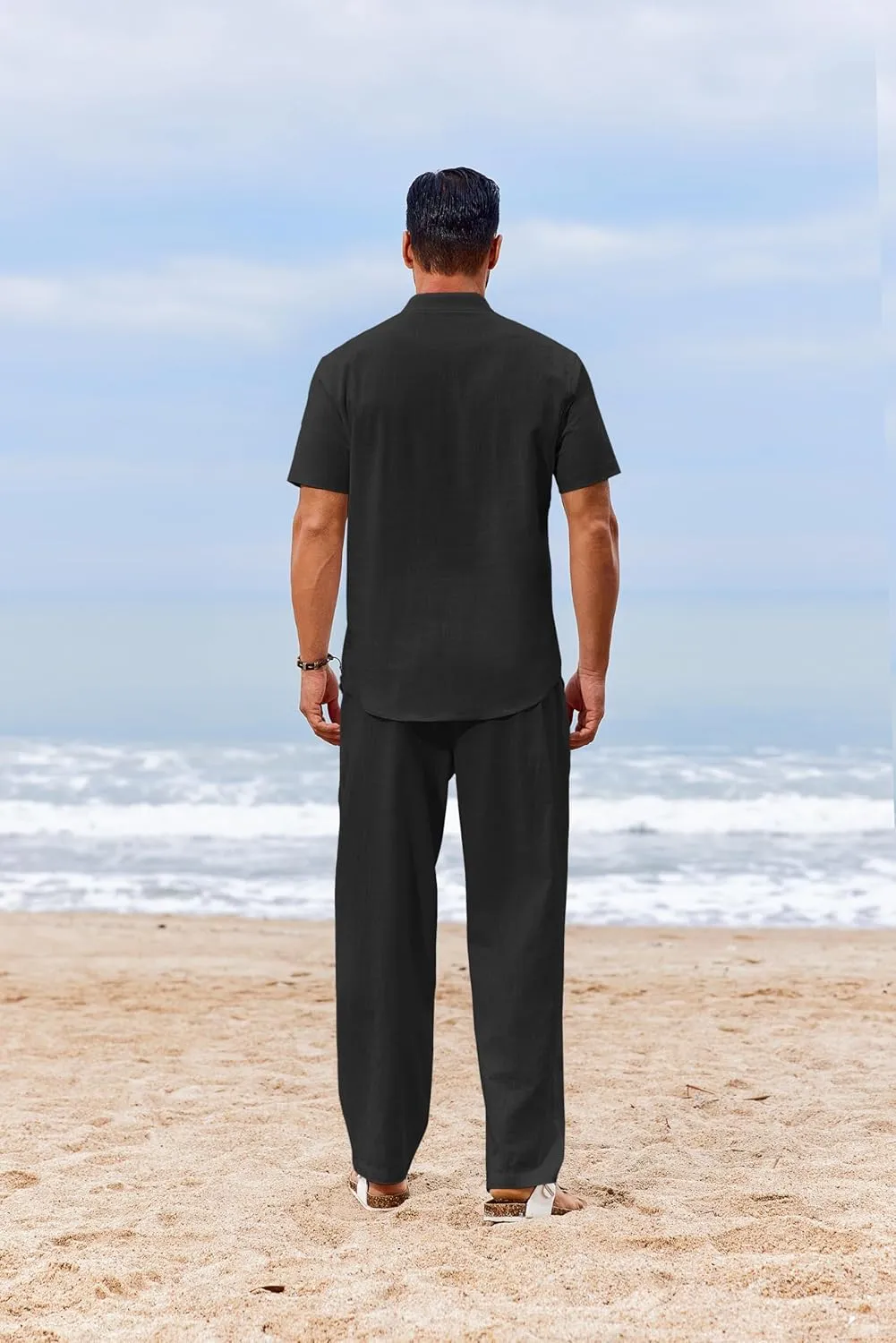 COOFANDY Men's 2 Piece Cotton Sets Casual Short Sleeve Henley Shirts and Beach Pants with Pockets Summer Vacation Outfits