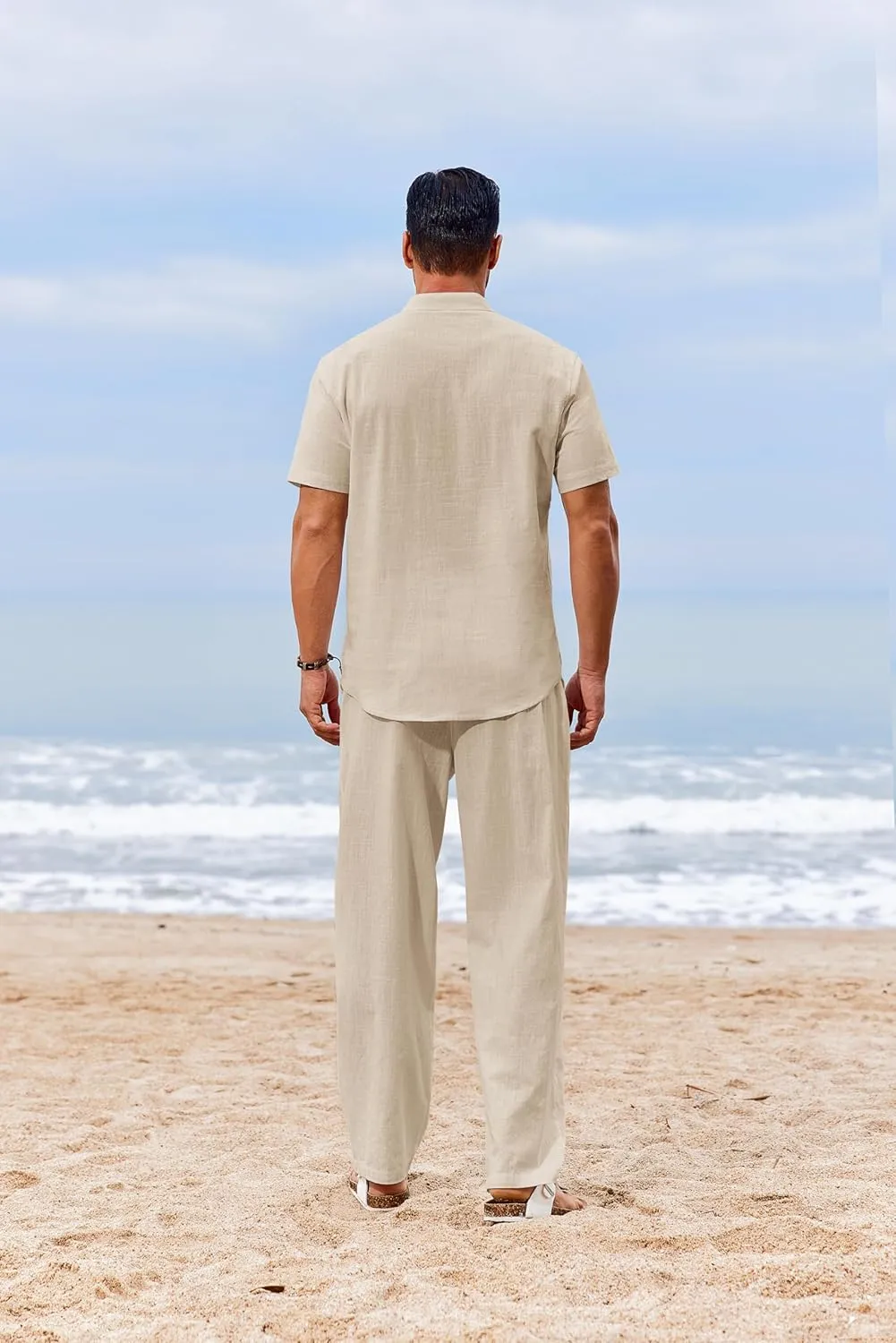 COOFANDY Men's 2 Piece Cotton Sets Casual Short Sleeve Henley Shirts and Beach Pants with Pockets Summer Vacation Outfits