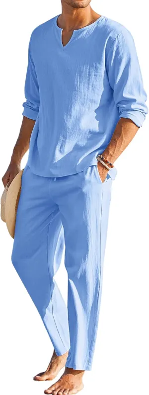 COOFANDY Men's 2 Pieces Cotton Linen Set Henley Shirt Long Sleeve and Casual Beach Pants Summer Yoga Outfits