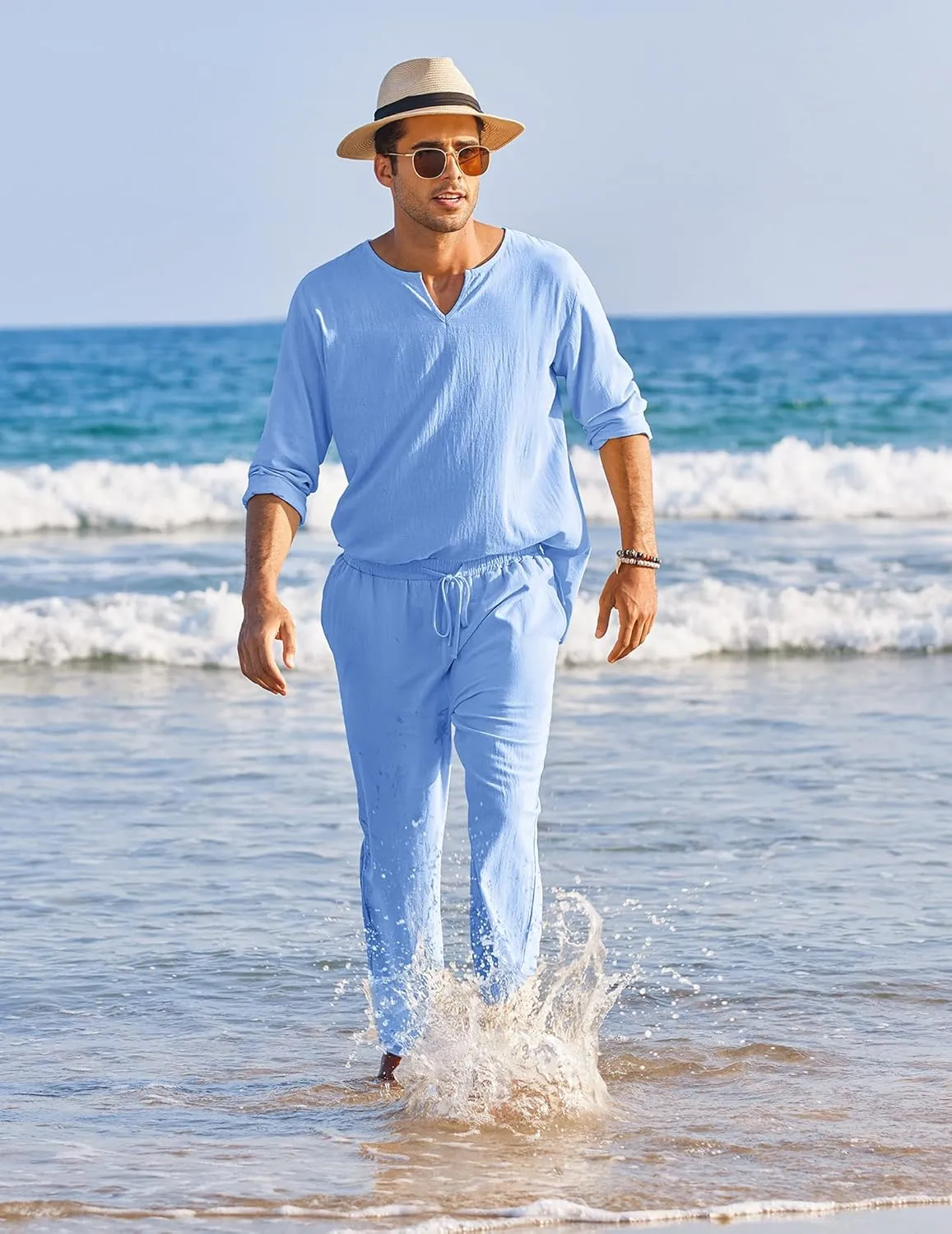 COOFANDY Men's 2 Pieces Cotton Linen Set Henley Shirt Long Sleeve and Casual Beach Pants Summer Yoga Outfits
