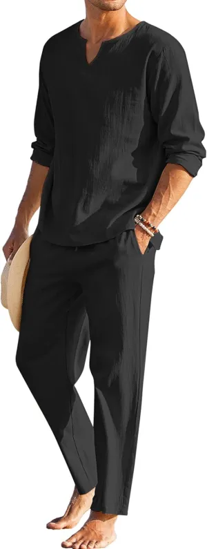 COOFANDY Men's 2 Pieces Cotton Linen Set Henley Shirt Long Sleeve and Casual Beach Pants Summer Yoga Outfits