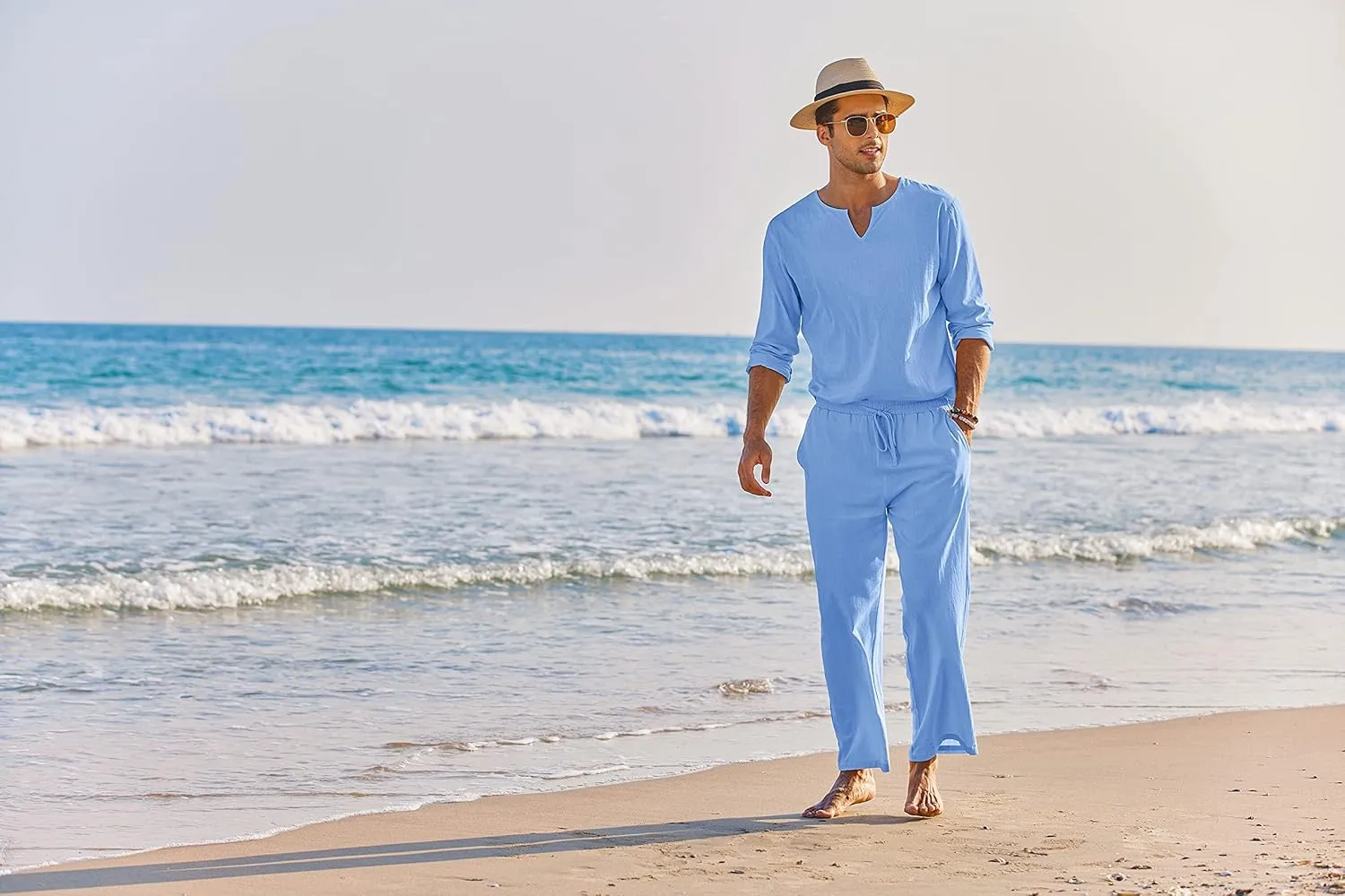 COOFANDY Men's 2 Pieces Cotton Linen Set Henley Shirt Long Sleeve and Casual Beach Pants Summer Yoga Outfits