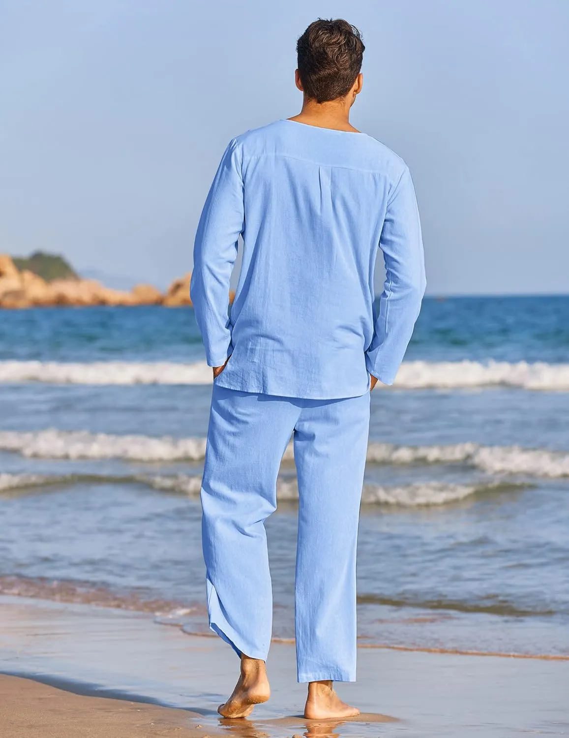 COOFANDY Men's 2 Pieces Cotton Linen Set Henley Shirt Long Sleeve and Casual Beach Pants Summer Yoga Outfits