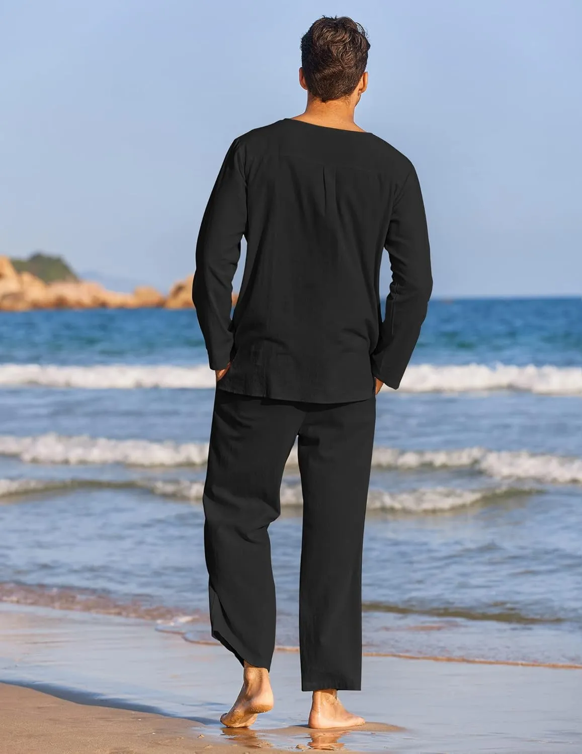 COOFANDY Men's 2 Pieces Cotton Linen Set Henley Shirt Long Sleeve and Casual Beach Pants Summer Yoga Outfits