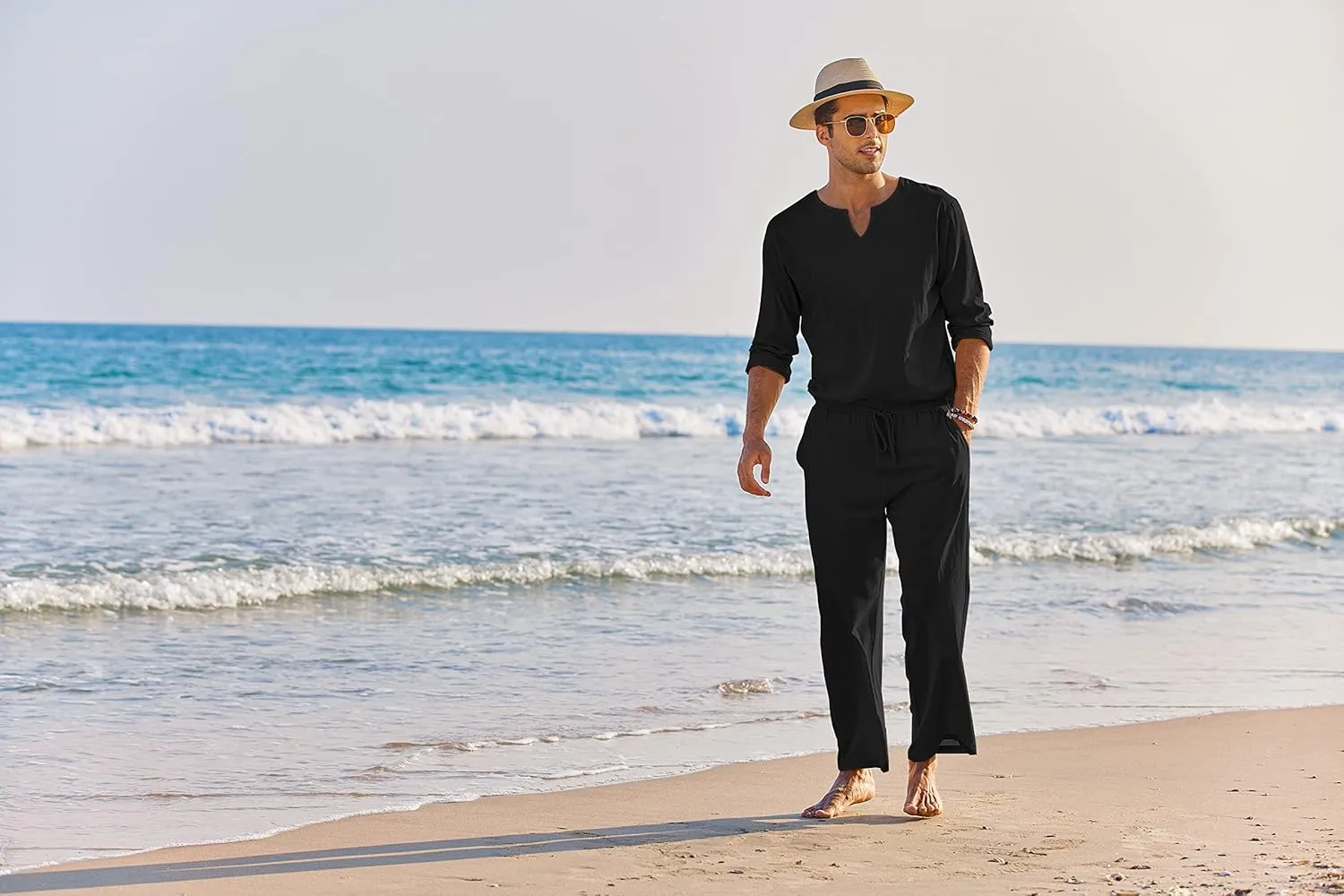 COOFANDY Men's 2 Pieces Cotton Linen Set Henley Shirt Long Sleeve and Casual Beach Pants Summer Yoga Outfits