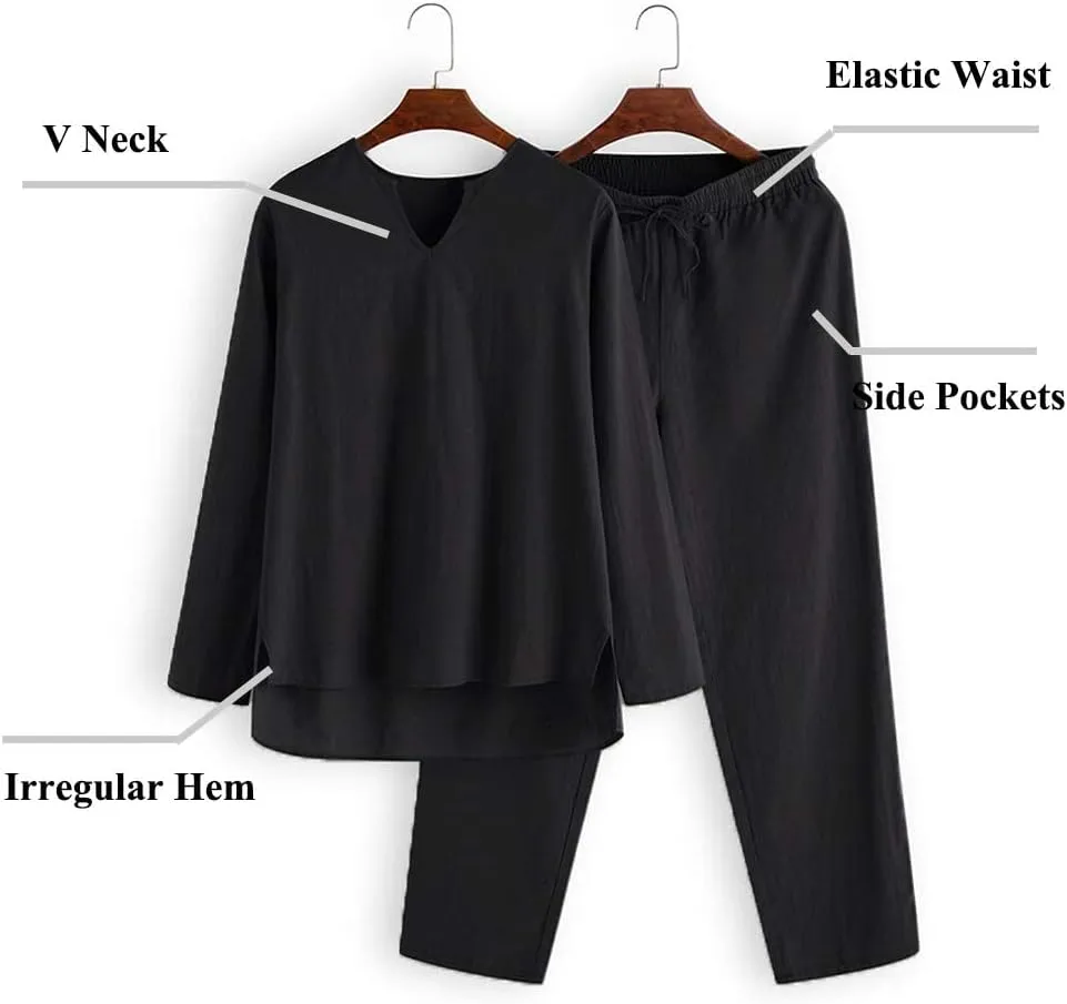COOFANDY Men's 2 Pieces Cotton Linen Set Henley Shirt Long Sleeve and Casual Beach Pants Summer Yoga Outfits
