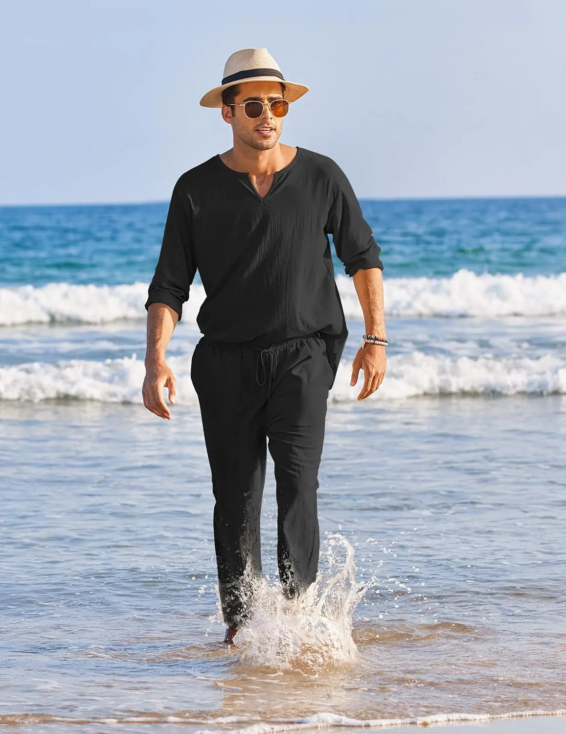 COOFANDY Men's 2 Pieces Cotton Linen Set Henley Shirt Long Sleeve and Casual Beach Pants Summer Yoga Outfits