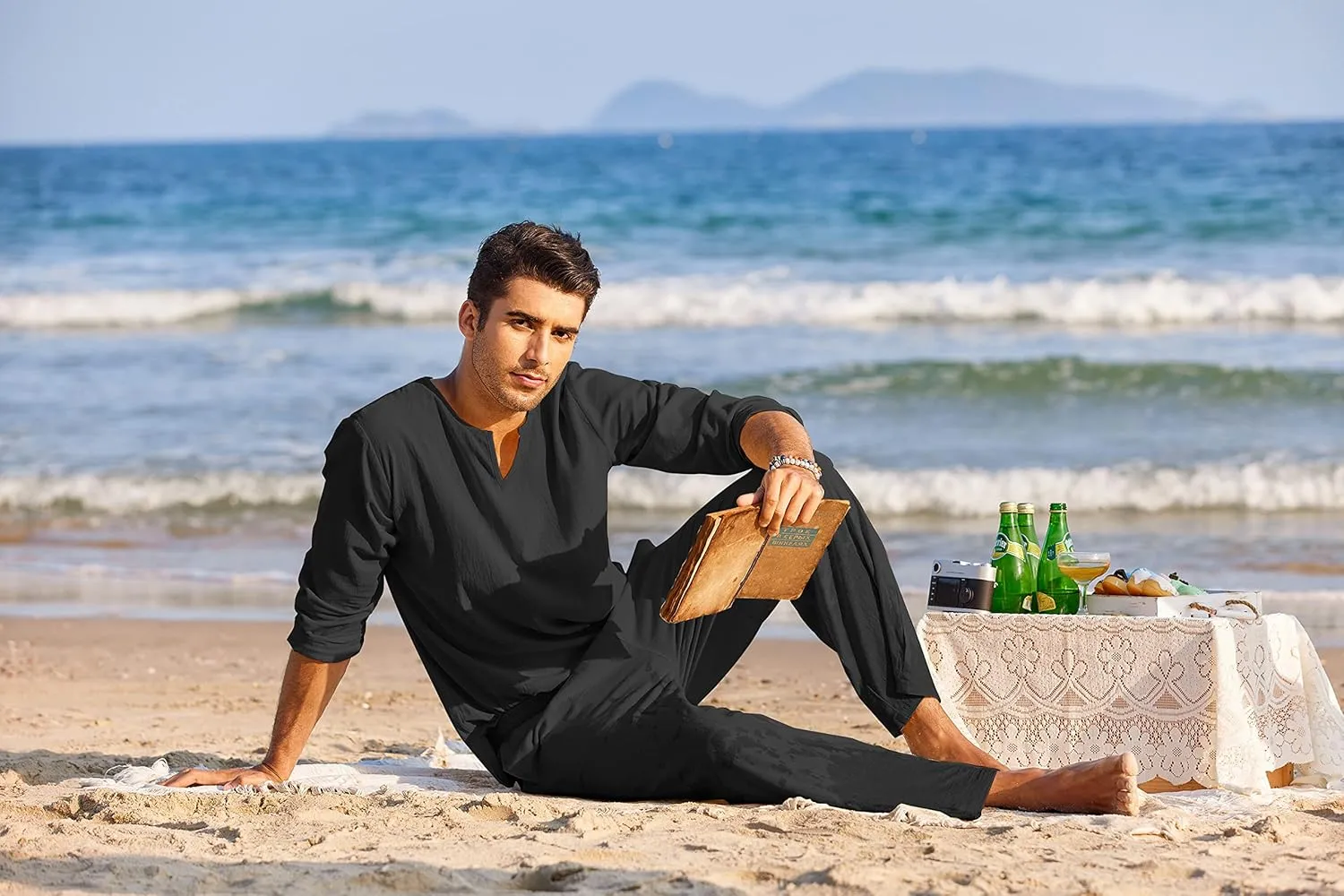 COOFANDY Men's 2 Pieces Cotton Linen Set Henley Shirt Long Sleeve and Casual Beach Pants Summer Yoga Outfits