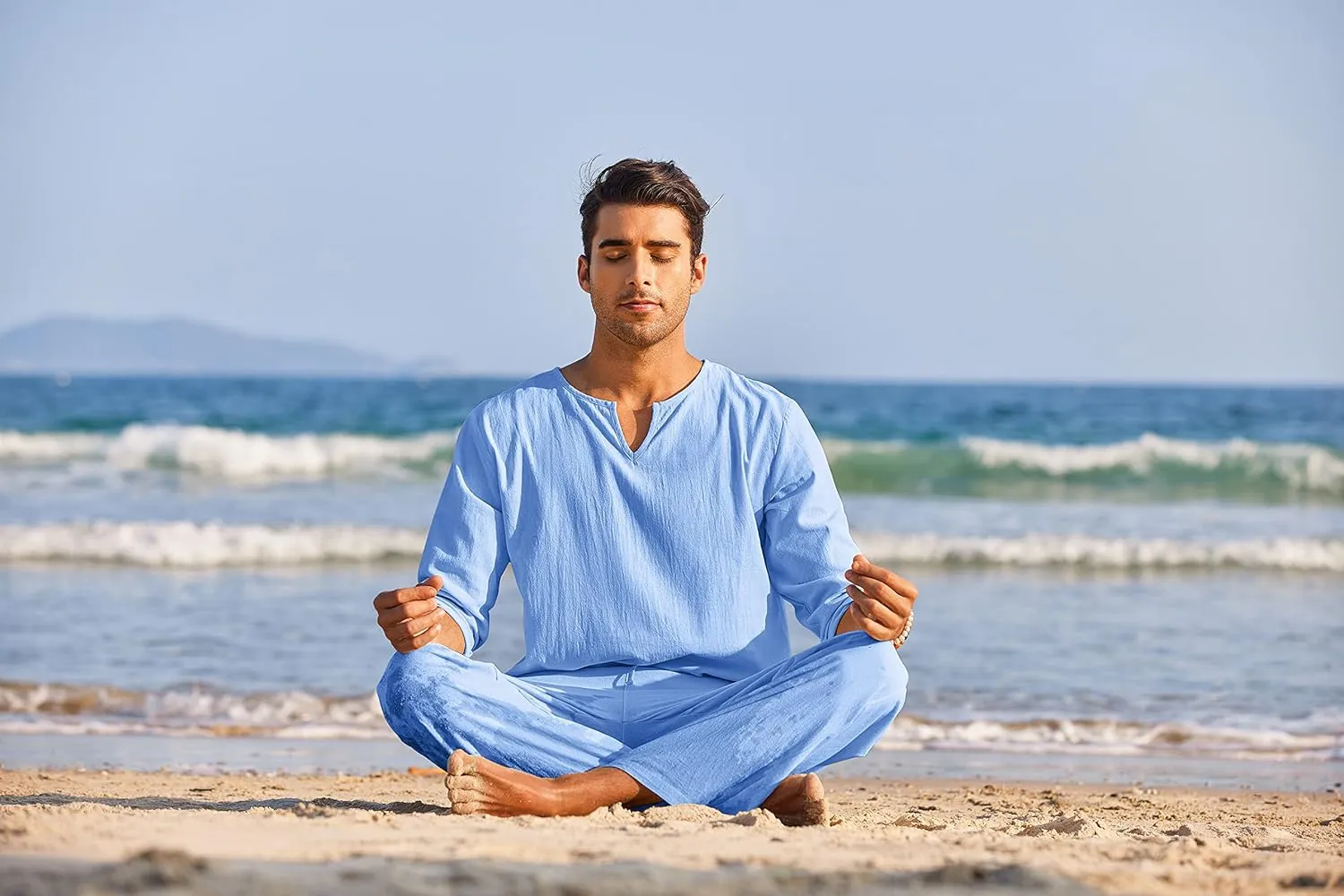 COOFANDY Men's 2 Pieces Cotton Linen Set Henley Shirt Long Sleeve and Casual Beach Pants Summer Yoga Outfits