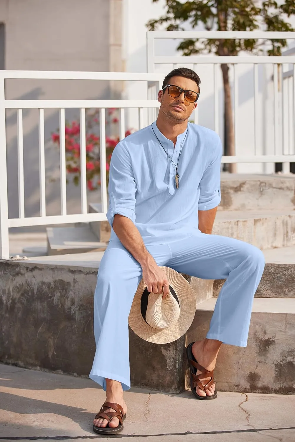 COOFANDY Men's 2 Pieces Cotton Linen Set Long Sleeve Henley Shirts Casual Beach Pants With Pockets Summer Yoga Outfits