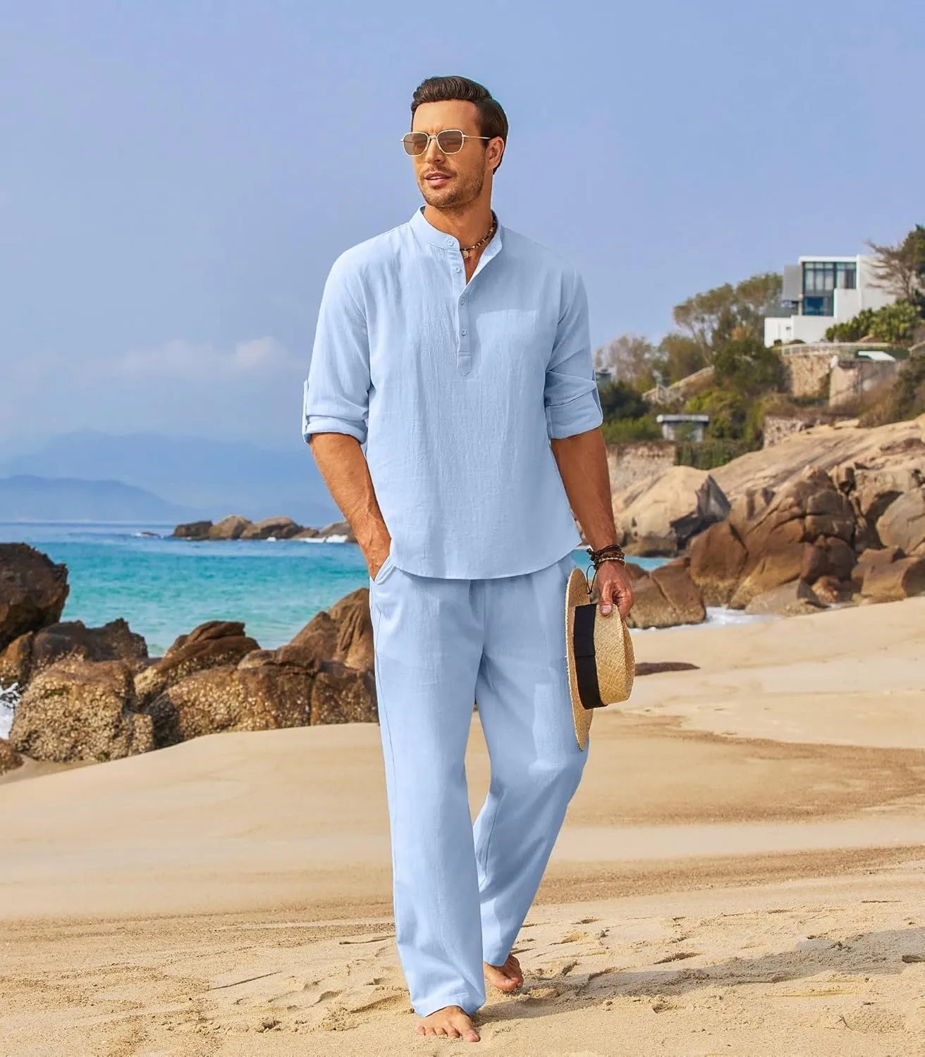 COOFANDY Men's 2 Pieces Cotton Linen Set Long Sleeve Henley Shirts Casual Beach Pants With Pockets Summer Yoga Outfits