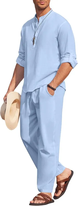 COOFANDY Men's 2 Pieces Cotton Linen Set Long Sleeve Henley Shirts Casual Beach Pants With Pockets Summer Yoga Outfits