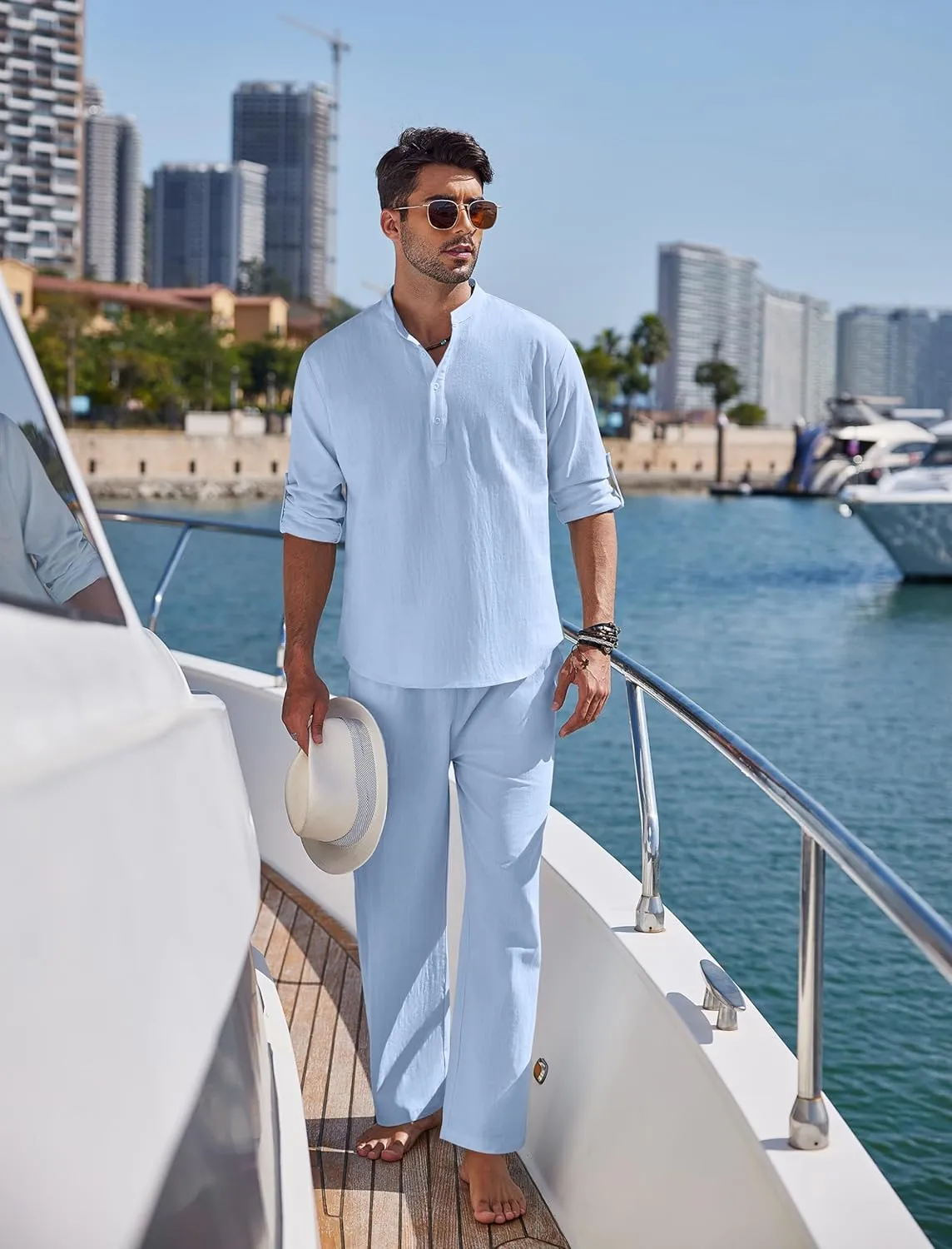 COOFANDY Men's 2 Pieces Cotton Linen Set Long Sleeve Henley Shirts Casual Beach Pants With Pockets Summer Yoga Outfits