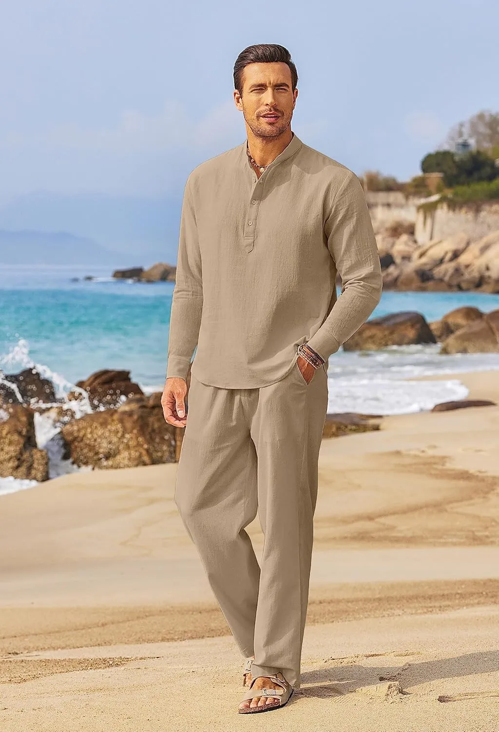 COOFANDY Men's 2 Pieces Cotton Linen Set Long Sleeve Henley Shirts Casual Beach Pants With Pockets Summer Yoga Outfits