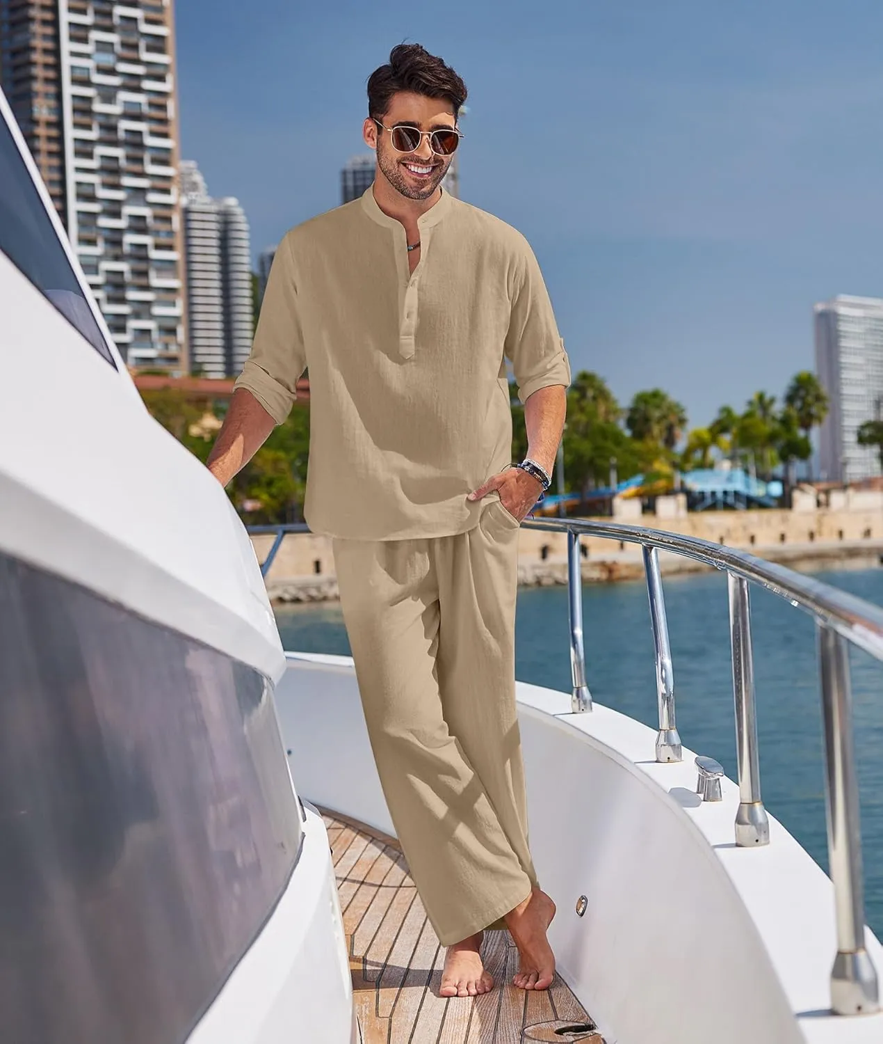 COOFANDY Men's 2 Pieces Cotton Linen Set Long Sleeve Henley Shirts Casual Beach Pants With Pockets Summer Yoga Outfits