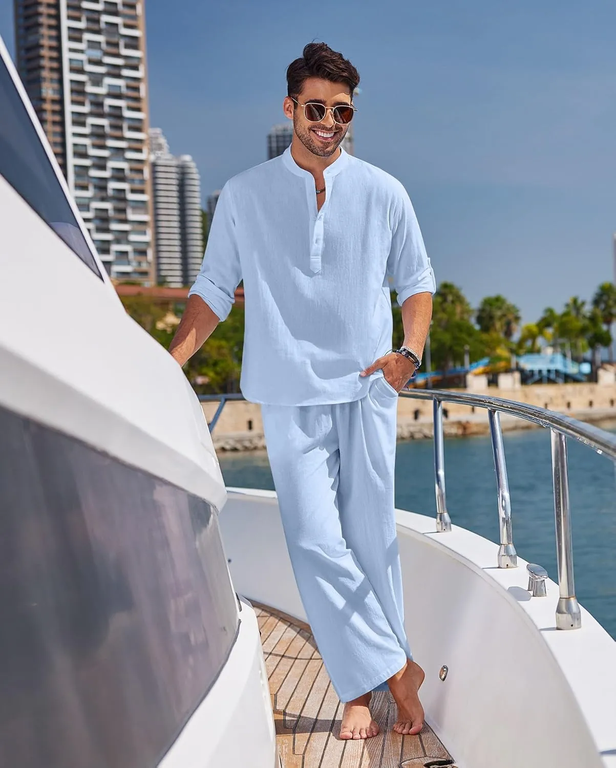 COOFANDY Men's 2 Pieces Cotton Linen Set Long Sleeve Henley Shirts Casual Beach Pants With Pockets Summer Yoga Outfits