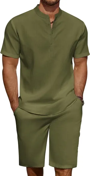 COOFANDY Men's 2 Pieces Linen Set Casual Henley Shirts Short Sleeve Beach Yoga Shorts Summer Pants Outfits
