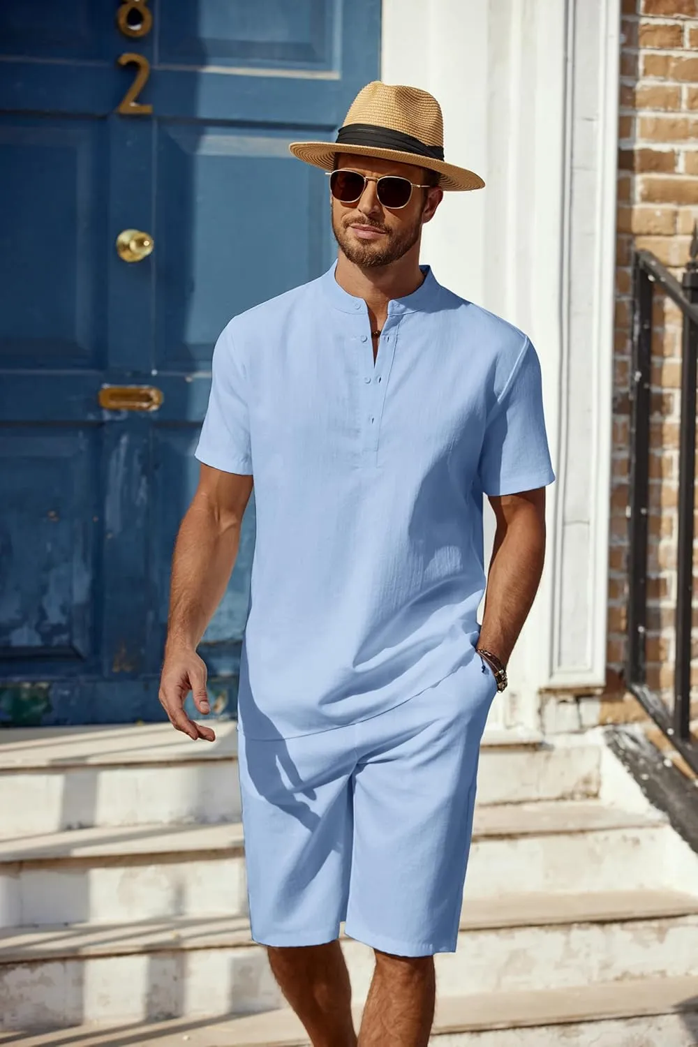 COOFANDY Men's 2 Pieces Linen Set Casual Henley Shirts Short Sleeve Beach Yoga Shorts Summer Pants Outfits