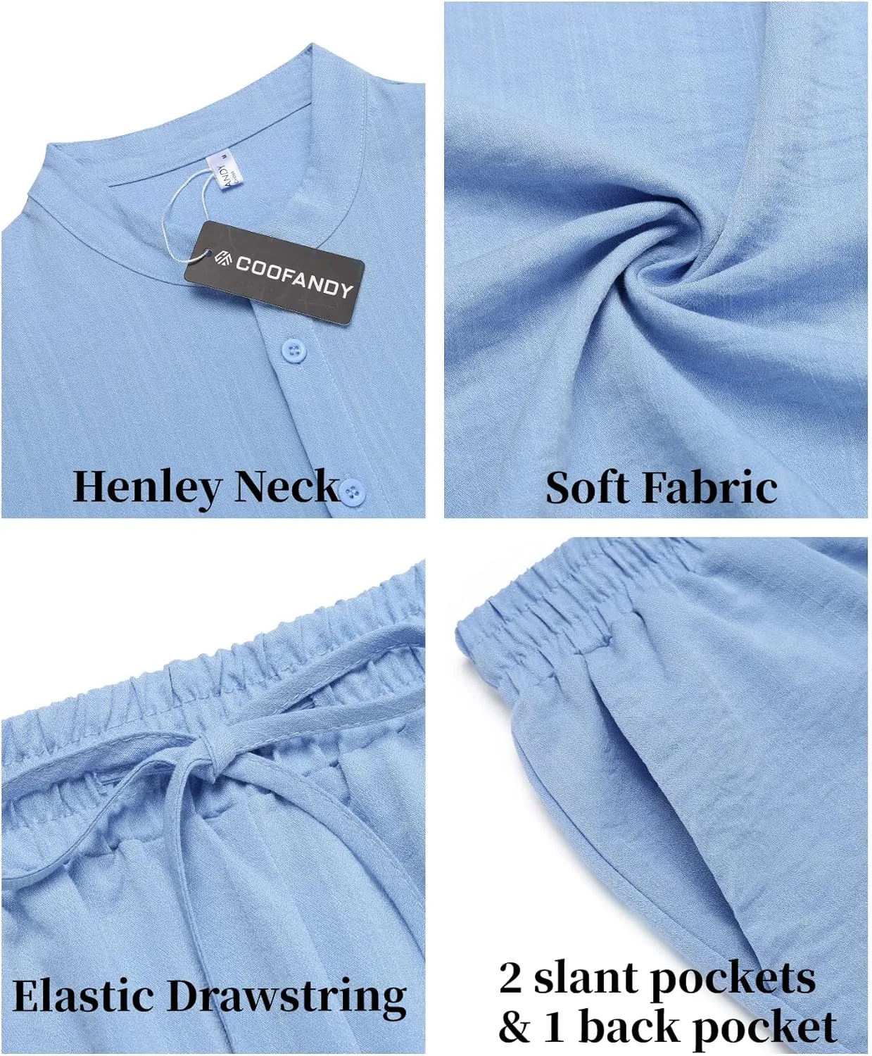 COOFANDY Men's 2 Pieces Linen Set Casual Henley Shirts Short Sleeve Beach Yoga Shorts Summer Pants Outfits