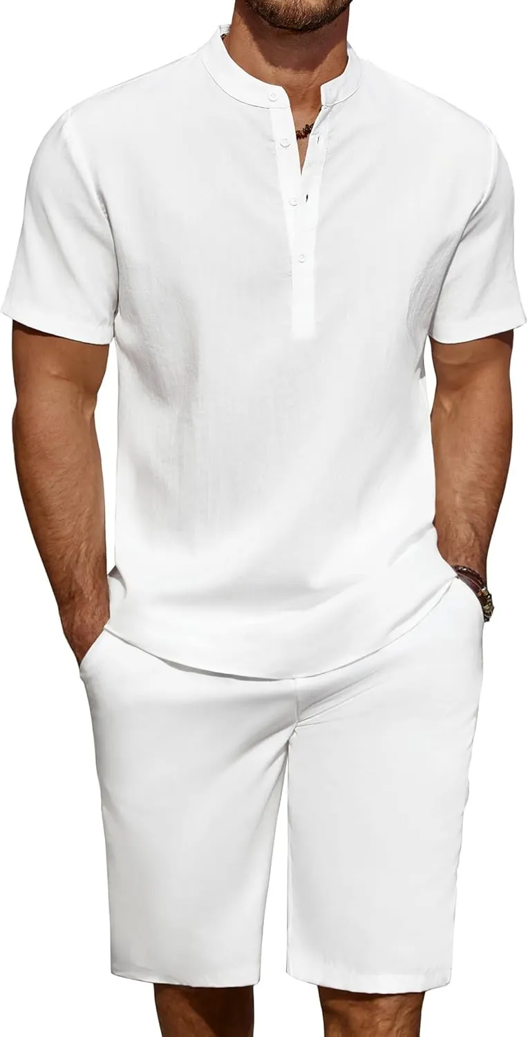 COOFANDY Men's 2 Pieces Linen Set Casual Henley Shirts Short Sleeve Beach Yoga Shorts Summer Pants Outfits