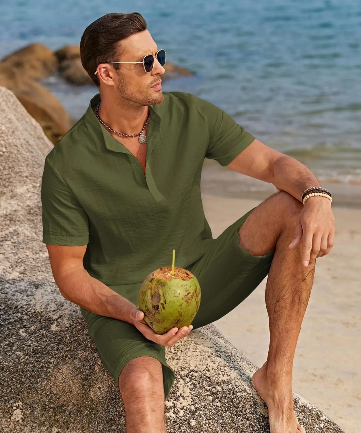 COOFANDY Men's 2 Pieces Linen Set Casual Henley Shirts Short Sleeve Beach Yoga Shorts Summer Pants Outfits