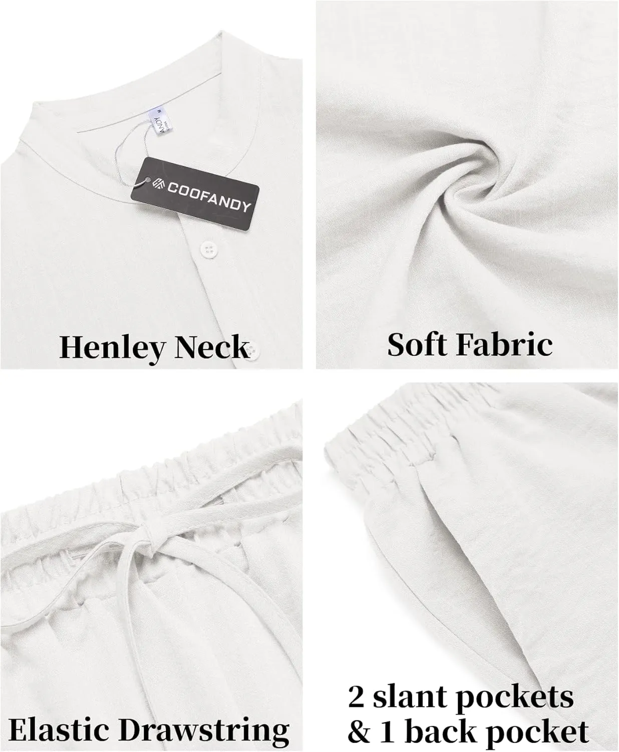COOFANDY Men's 2 Pieces Linen Set Casual Henley Shirts Short Sleeve Beach Yoga Shorts Summer Pants Outfits
