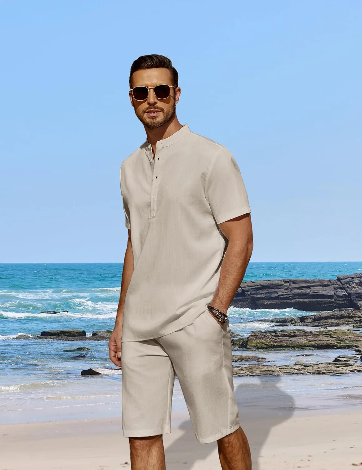 COOFANDY Men's 2 Pieces Linen Set Casual Henley Shirts Short Sleeve Beach Yoga Shorts Summer Pants Outfits