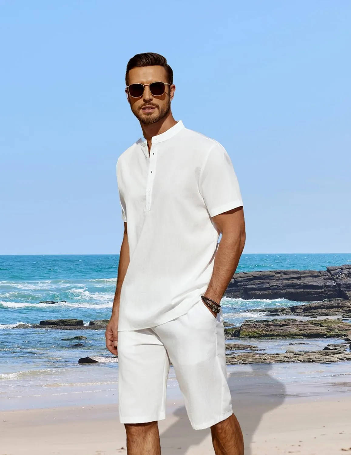 COOFANDY Men's 2 Pieces Linen Set Casual Henley Shirts Short Sleeve Beach Yoga Shorts Summer Pants Outfits