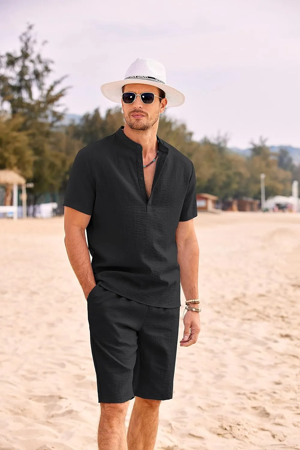 COOFANDY Men's 2 Pieces Linen Set Casual Henley Shirts Short Sleeve Beach Yoga Shorts Summer Pants Outfits