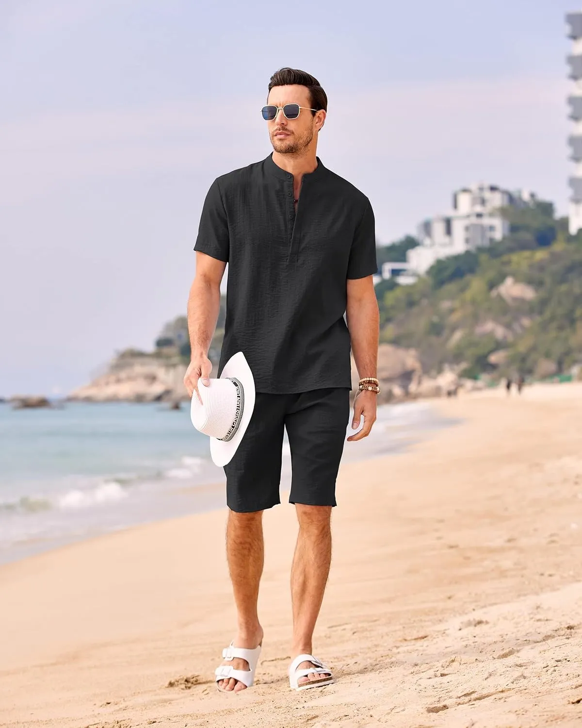 COOFANDY Men's 2 Pieces Linen Set Casual Henley Shirts Short Sleeve Beach Yoga Shorts Summer Pants Outfits