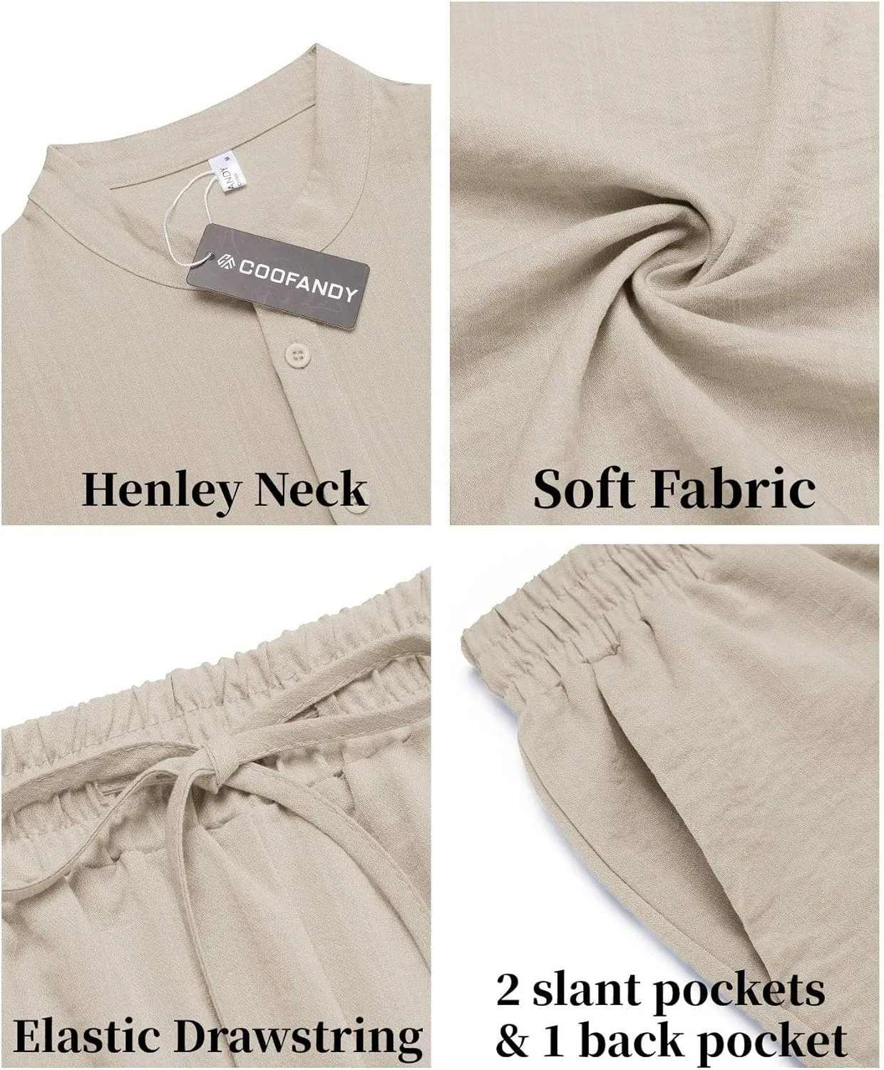 COOFANDY Men's 2 Pieces Linen Set Casual Henley Shirts Short Sleeve Beach Yoga Shorts Summer Pants Outfits