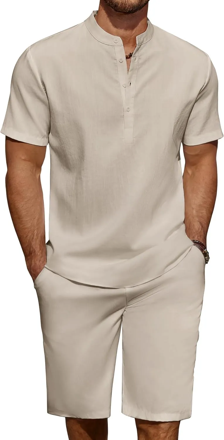 COOFANDY Men's 2 Pieces Linen Set Casual Henley Shirts Short Sleeve Beach Yoga Shorts Summer Pants Outfits
