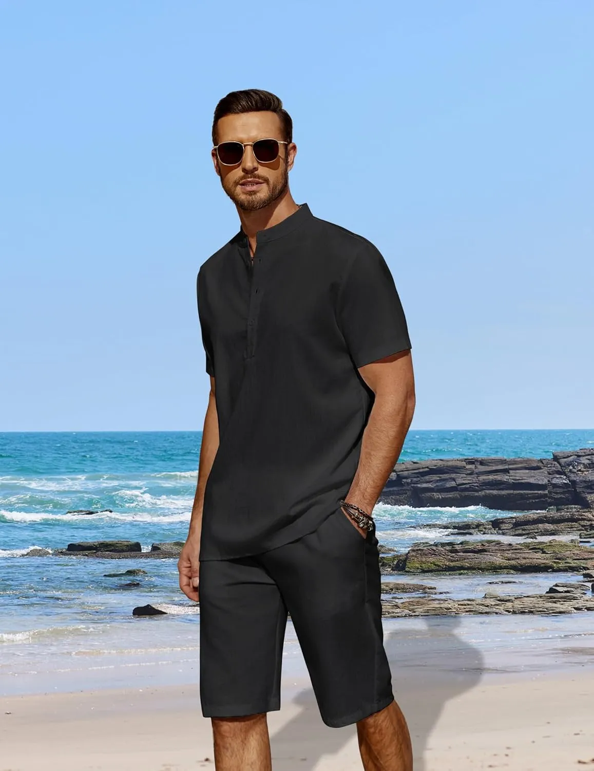 COOFANDY Men's 2 Pieces Linen Set Casual Henley Shirts Short Sleeve Beach Yoga Shorts Summer Pants Outfits