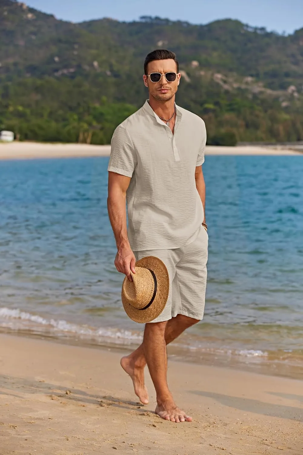 COOFANDY Men's 2 Pieces Linen Set Casual Henley Shirts Short Sleeve Beach Yoga Shorts Summer Pants Outfits