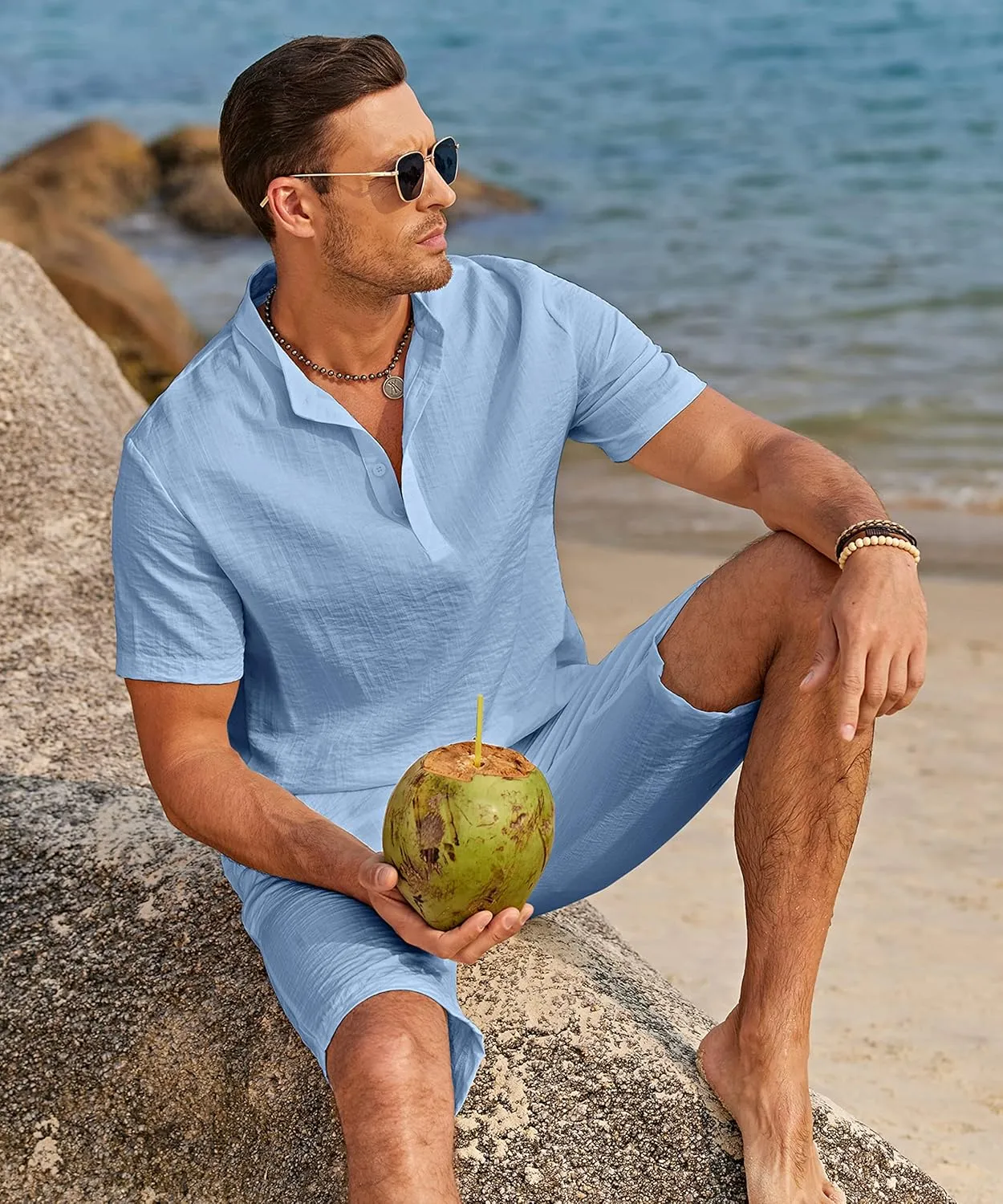 COOFANDY Men's 2 Pieces Linen Set Casual Henley Shirts Short Sleeve Beach Yoga Shorts Summer Pants Outfits