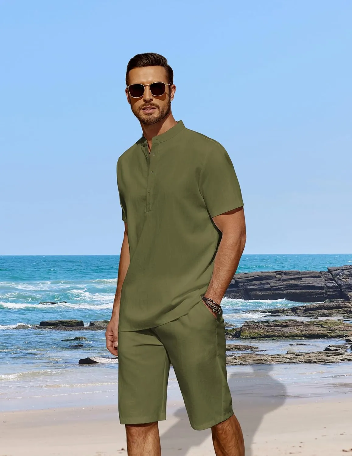 COOFANDY Men's 2 Pieces Linen Set Casual Henley Shirts Short Sleeve Beach Yoga Shorts Summer Pants Outfits