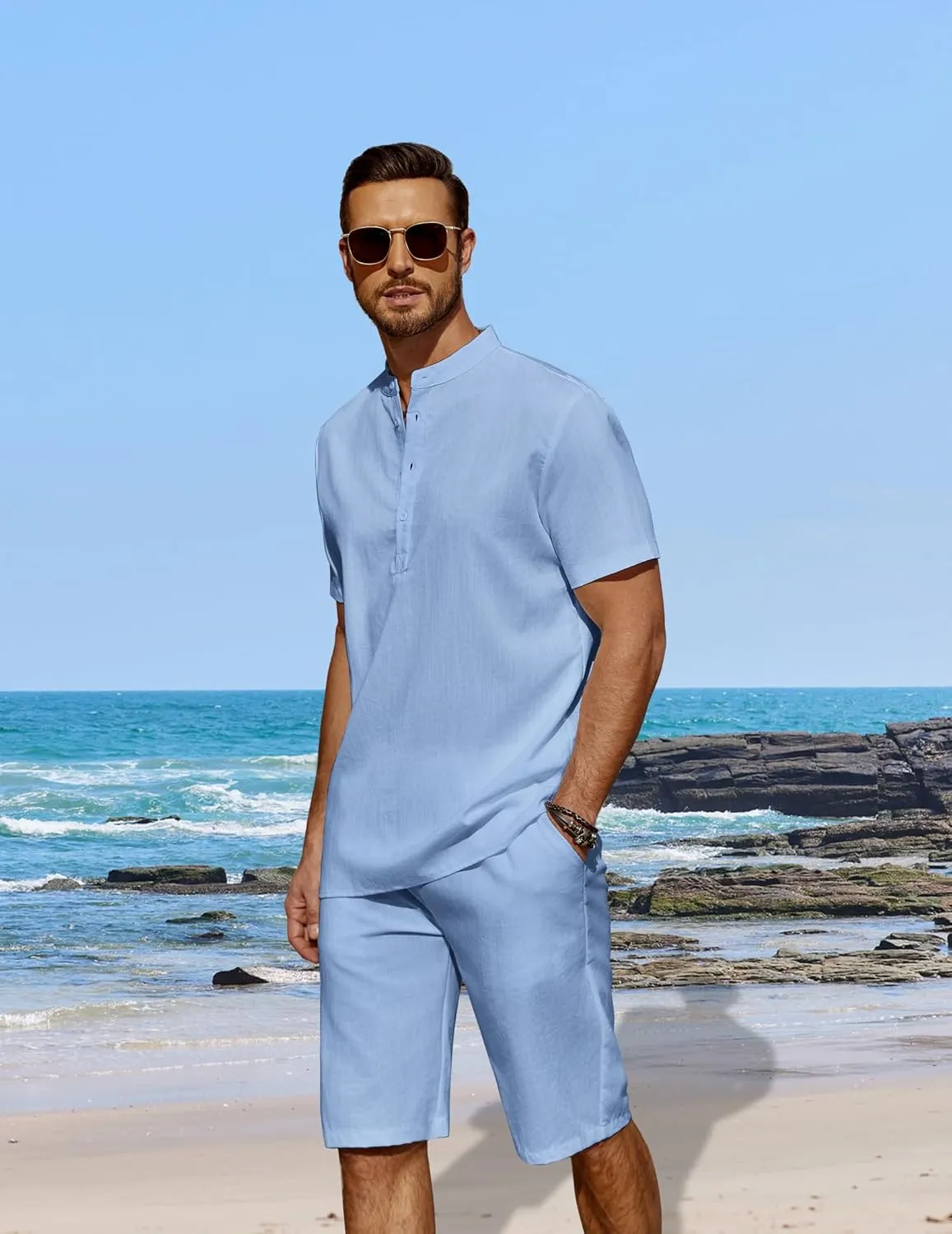 COOFANDY Men's 2 Pieces Linen Set Casual Henley Shirts Short Sleeve Beach Yoga Shorts Summer Pants Outfits