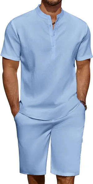 COOFANDY Men's 2 Pieces Linen Set Casual Henley Shirts Short Sleeve Beach Yoga Shorts Summer Pants Outfits