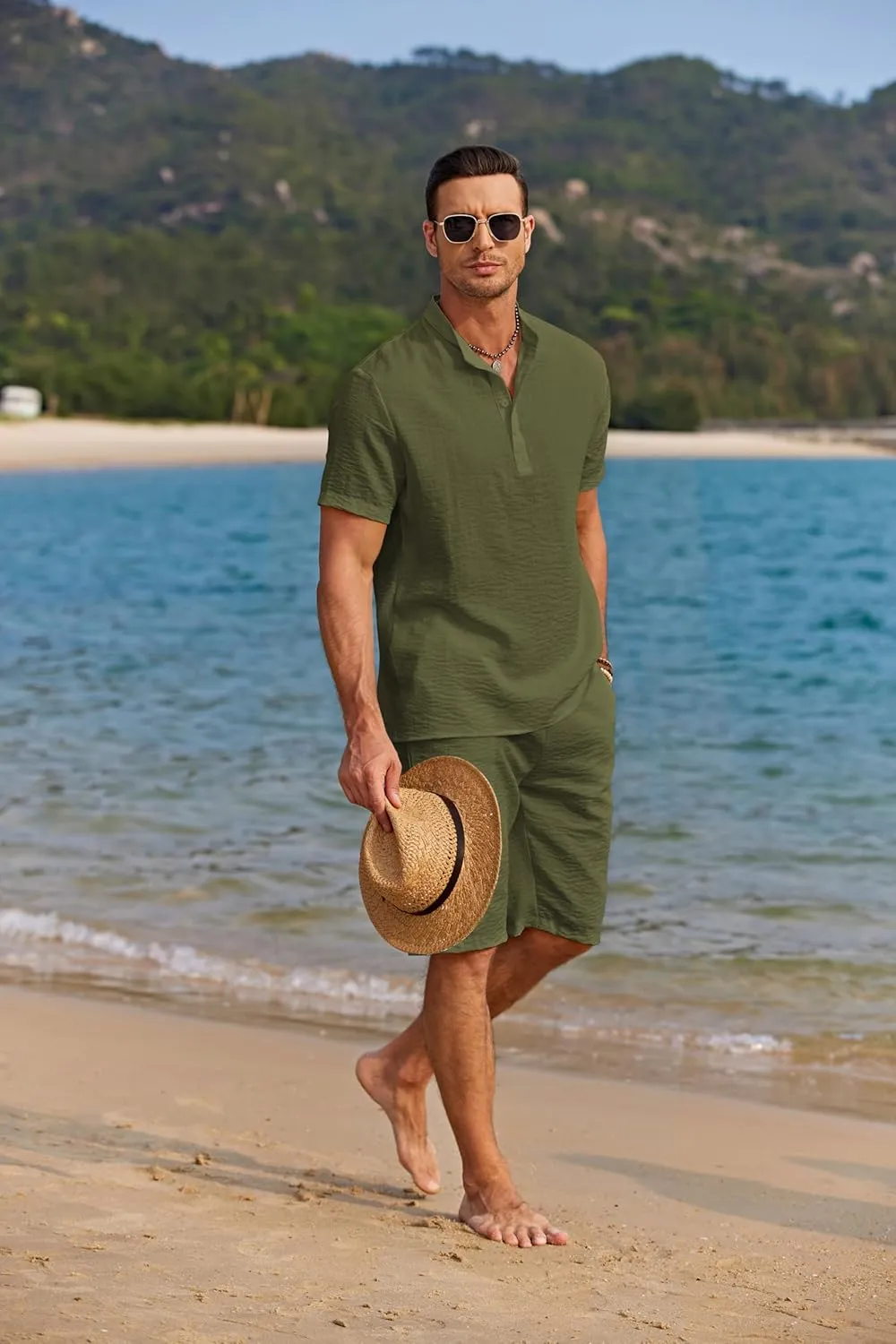 COOFANDY Men's 2 Pieces Linen Set Casual Henley Shirts Short Sleeve Beach Yoga Shorts Summer Pants Outfits