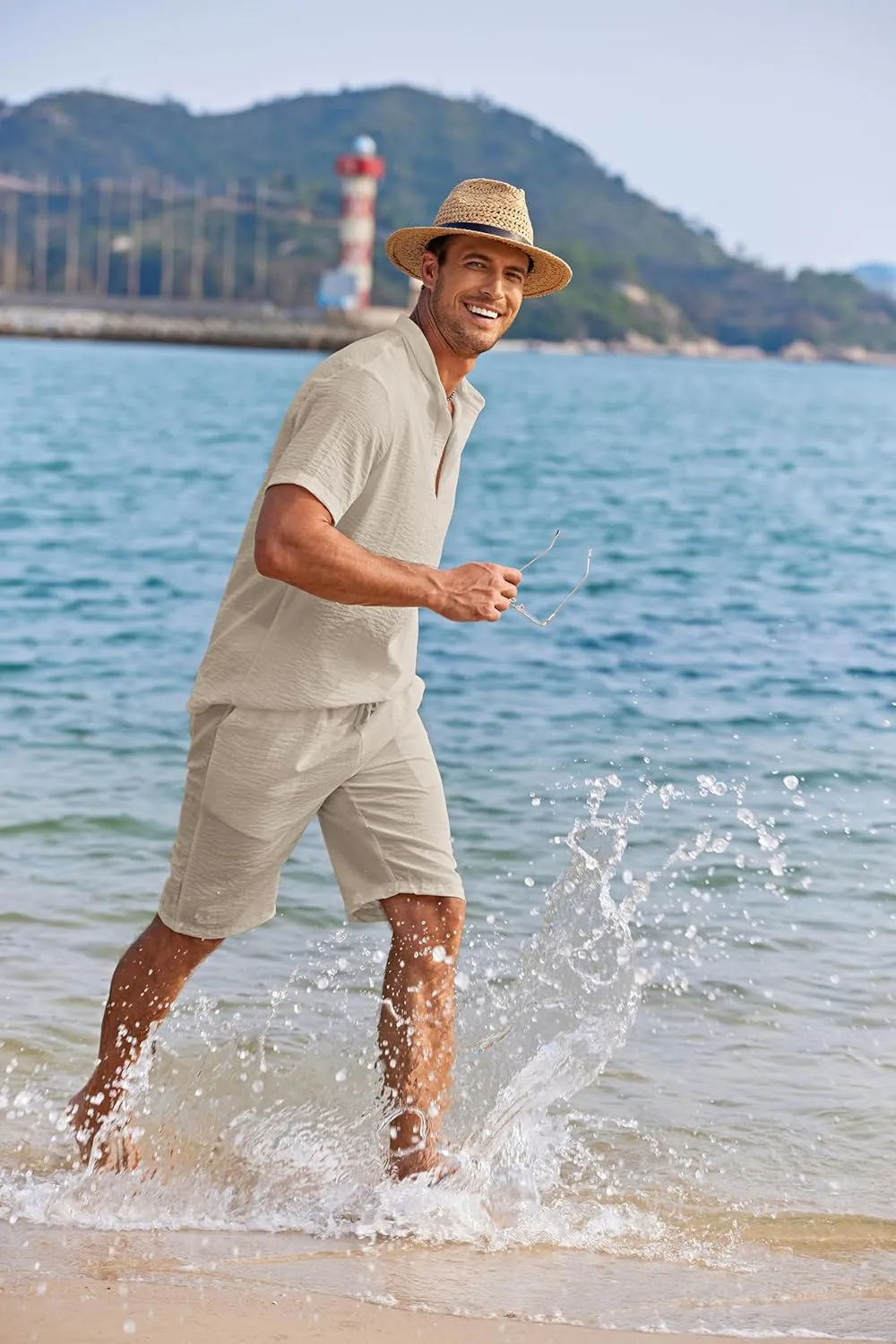 COOFANDY Men's 2 Pieces Linen Set Casual Henley Shirts Short Sleeve Beach Yoga Shorts Summer Pants Outfits