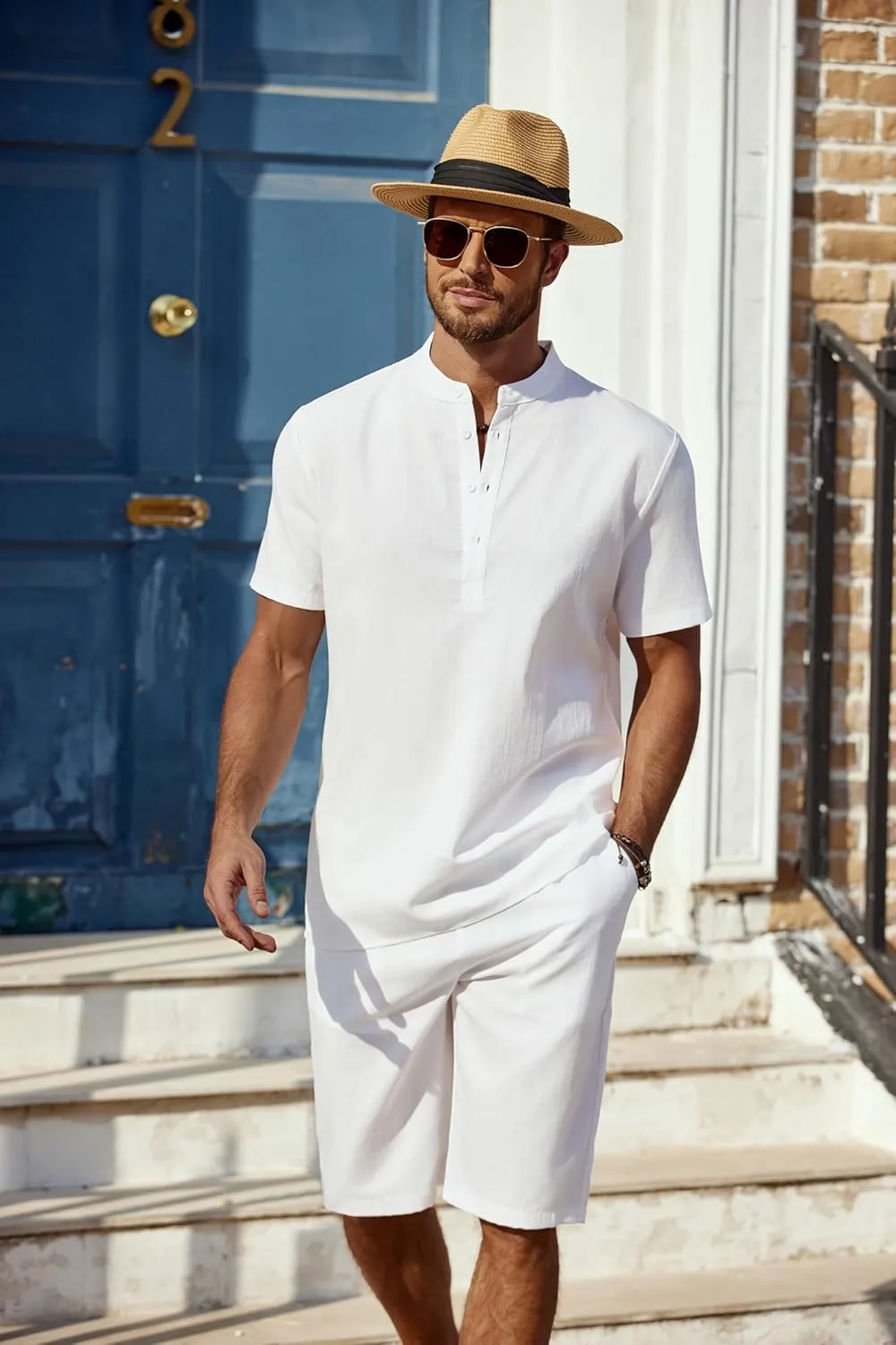 COOFANDY Men's 2 Pieces Linen Set Casual Henley Shirts Short Sleeve Beach Yoga Shorts Summer Pants Outfits
