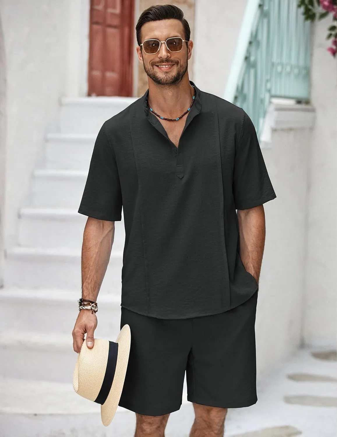 COOFANDY Men's 2 Pieces Linen Set Henley Shirt Short Sleeve and Shorts Summer Beach Yoga Matching Outfits