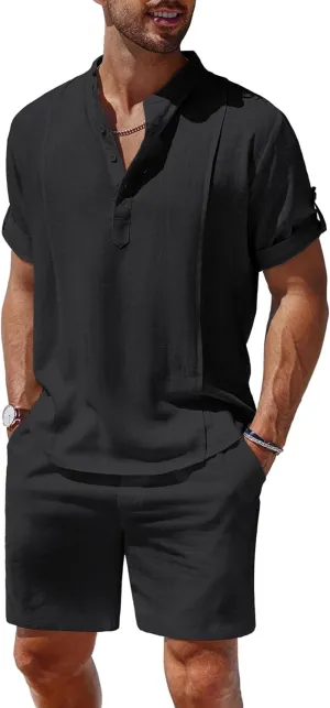 COOFANDY Men's 2 Pieces Linen Set Henley Shirt Short Sleeve and Shorts Summer Beach Yoga Matching Outfits