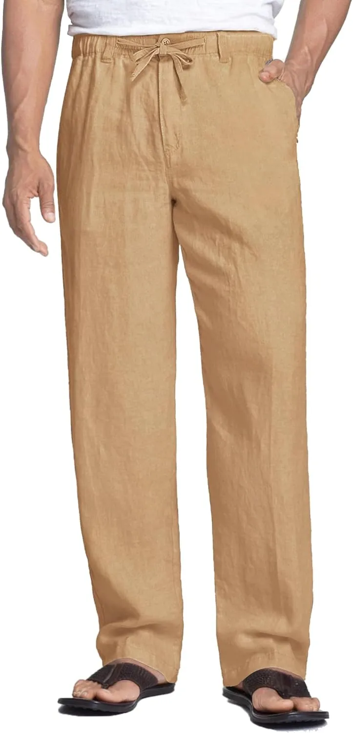 COOFANDY Men's Casual Linen Pants Elastic Waist Drawstring Beach Summer Pants Lightweight Linen Trousers