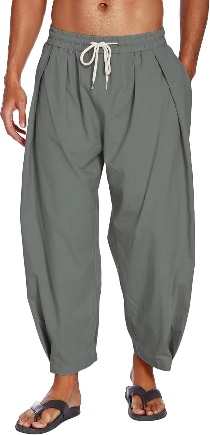 COOFANDY Men's Cotton Linen Harem Pants Drawstring Casual Cropped Trousers Lightweight Loose Beach Yoga Pants with Pockets