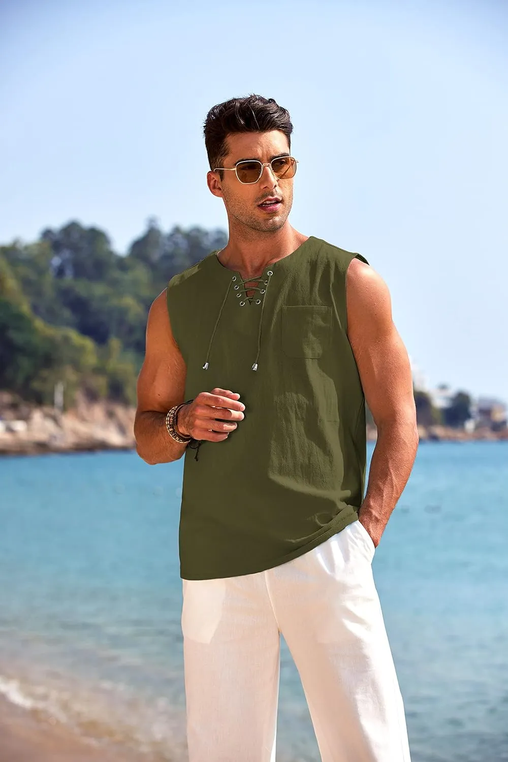 COOFANDY Men's Cotton Linen Tank Top Shirts Casual Sleeveless Lace Up Beach Hippie Tops Bohemian Renaissance Pirate Tunic