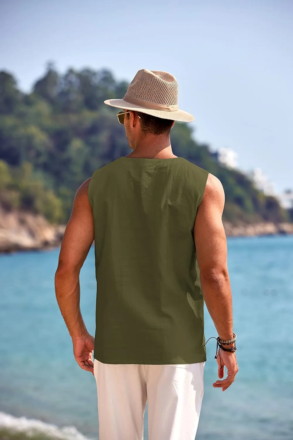 COOFANDY Men's Cotton Linen Tank Top Shirts Casual Sleeveless Lace Up Beach Hippie Tops Bohemian Renaissance Pirate Tunic