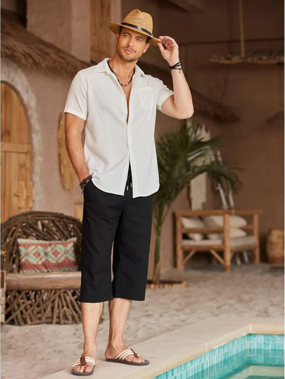 COOFANDY Men's Linen Capri Pants Casual Lightweight 3/4 Baggy Pants Drawstring Elastic Waist Beach Yoga Pants with Pockets