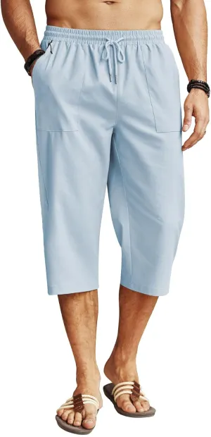 COOFANDY Men's Linen Capri Pants Casual Lightweight 3/4 Baggy Pants Drawstring Elastic Waist Beach Yoga Pants with Pockets