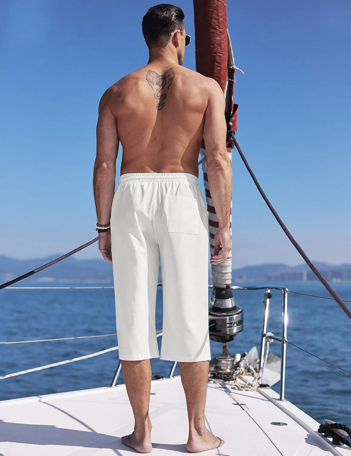 COOFANDY Men's Linen Capri Pants Casual Lightweight 3/4 Baggy Pants Drawstring Elastic Waist Beach Yoga Pants with Pockets